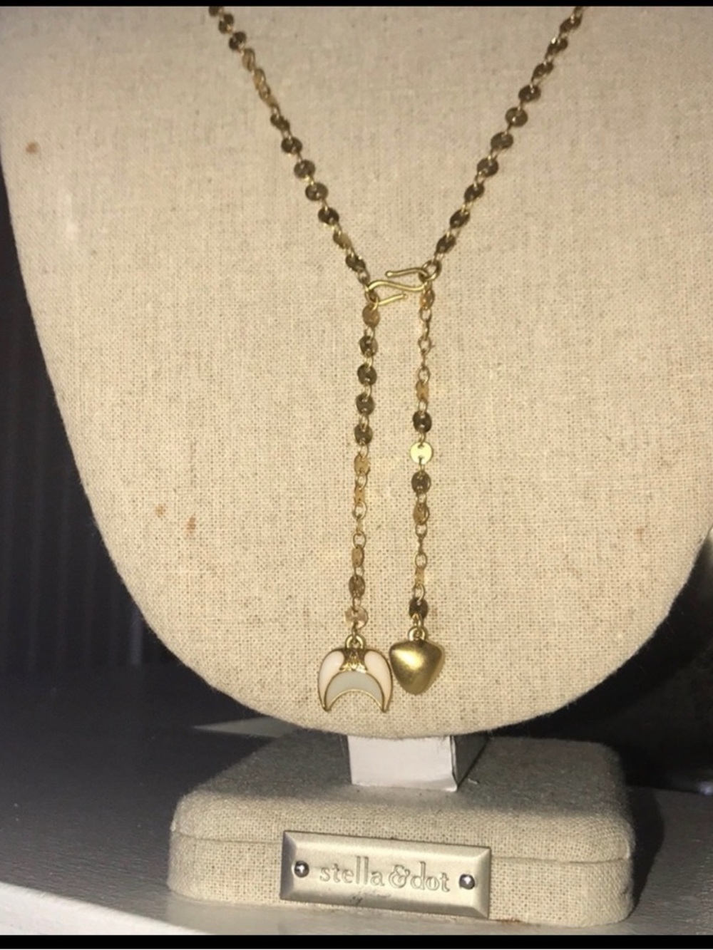 Stella & Dot Gold Layered Lariat Necklace with Crescent and Heart Charms